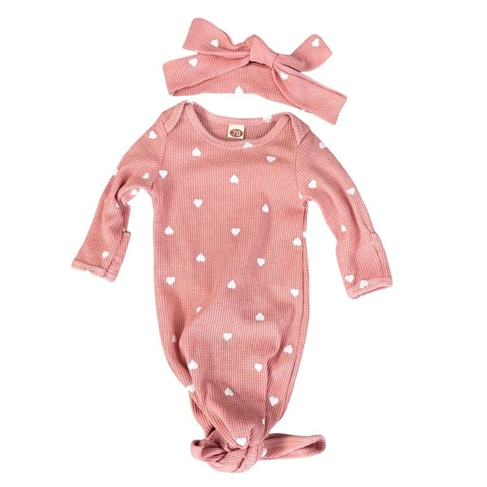 Baby Gown Waffle Knit Pink Heart Patterned Kids One Piece with Headband Sz 0-3mo